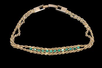 Adorable Gold Tone Bracelet With Green Rhinestones