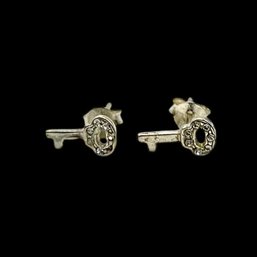 Sterling Silver Key Stud Earrings With Clear Gemstone Accents