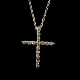 Sterling Silver Chain Necklace With Cross Pendant And Clear Gemstone Accent