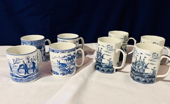 4 Spode Blue Room Collection Mugs & 4 Ship Design Mugs Andrea By Sadek - Lot B