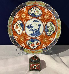 Vintage Takahashi San Franciso  Porcelain Platter &  Antique Japanese Cloisonne Enamel Inkwell