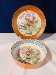 Vintage Toyo Japanese Shibata Floral Platter Pheasant Red And Gold 12 Round