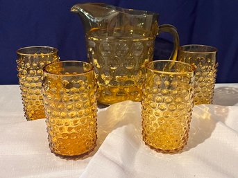 Vintage Amber Hobnail Glass Tumblers & Hazel Atlas Pitcher