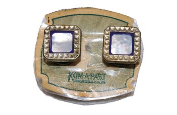 Vintage Kum-a-Part Silver Tone With Mother Of Pearl And Blue Trim Enamel Cufflinks