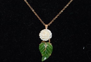 Gorgeous Yellow Gold Tone Necklace With Jade Leaf And Carved Flower Pendant