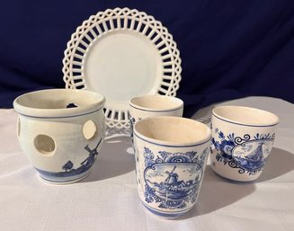 Vintage Delft Blue Hand Painted Pottery Lot - 5 Pieces - FF