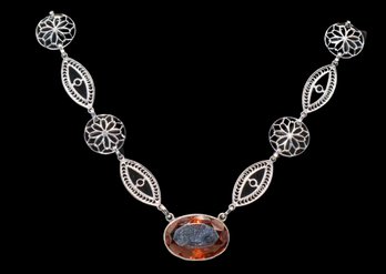 Silver Tone With Amber Color Stone Necklace With Beautiful Design Chain