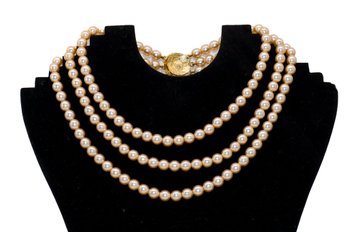 Vintage Kin 3 Strand Faux Pearls With Sparkly Stone Clasp