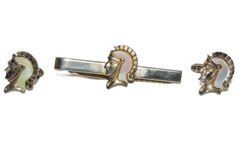 Vintage Cufflinks With Tie Clip - Roman Soldier With Mother Of Pearl