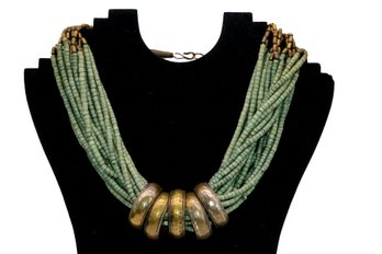 A Statement Piece! Beautiful Green Beads And Metal Necklace