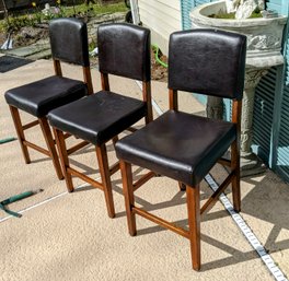 Set Of Three Wooden & Brown Leather Bar Stools