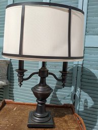 Handsome Bouillote Lamp. Dark Espresso Base.  Light Cream Shade W/ Metal Overlay