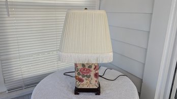 Asian Floral Ceramic Lamp With Wood Base