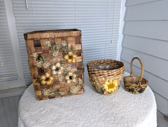 Vintage Wicker/Rattan Basket Set With Floral Embellishments