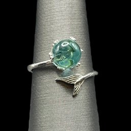 Beautiful Sterling Silver Blue Cabochon Stone And Mermaid Tail Wrap Ring, Size 7