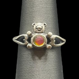 Vintage Sterling Silver Teddy Bear Ring With Rainbow Accent Stone, Size 7.75