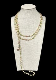 Vintage Three Stranded Pearl Necklace With Green, Pink, And Silver Color Bead Accents