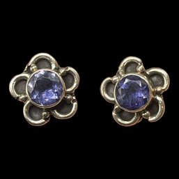 Vintage Sterling Silver Blue Stone Flower Stud Earrings