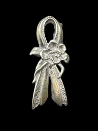 Sterling Silver Ribbon With Flower Brooch