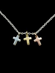 Vintage Sterling Silver Tri-Colored Cross Pendants Necklace