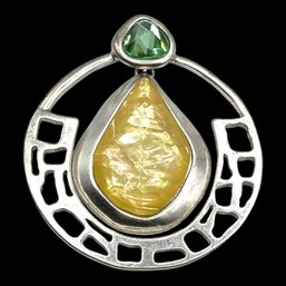 Vintage Large Peridot Faux Stone And Light Amber Resin Center Statement Pendant