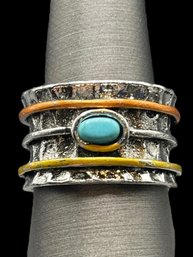 Vintage Three-Tone Hammered Boho Ring With Turquoise Color Accent Stone, Size 10