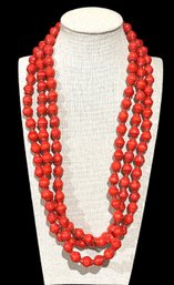 Bohemian Chunky Red Coral Colored Wooden Three Strand Necklace