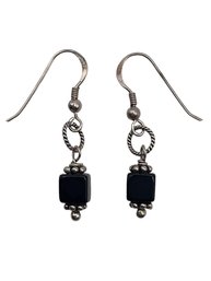 Sterling Silver Cubed Black Stone Dangle Earrings