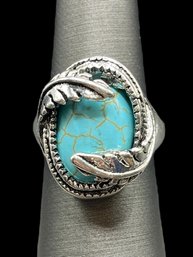 Southwestern Turquoise Ring With Wrapped Leaf Accents, Size 7.5