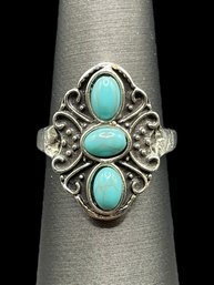 Southwestern Ring With Three Oval Turquoise Color Accent Stones, Size 6.75