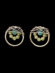 Sterling Silver Small Hoop With Green And Blue Stones Stud Earrings With Wrapped Wire Accent