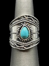 Southwestern Teardrop Turquoise Color Accent Boho Ring, Size 6.75