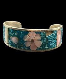 Mexican Alpaca Silver Inlaid Turquoise And Mother Or Pearl Cuff Bracelet