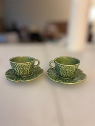 Bordallo Pinheiro Green Embossed Teacups/saucers