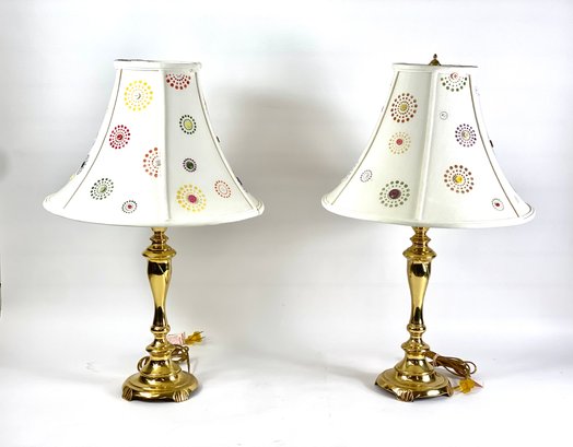 Pair Of Brass Candlestick Lamp With Button Pattern Shades