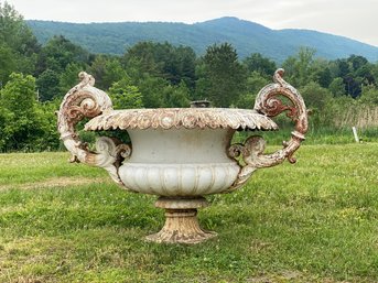 Large Antique Garden Urn In Old White Paint