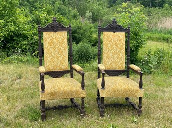 Pair Of Victorian Hand Carved Arm Chairs With Yellow Velvet Upholstery