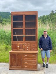 Two Part Antique Country Store Cabinet Out Of Poultney, Vt
