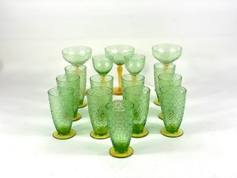 Group Of Green Vaseline Glass Cups And Goblets