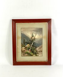 Antique Watercolor Of Mountain Valley