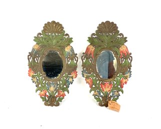 Pair Of Turn Of The Century Hand Painted Tin Sconces With Original Tag