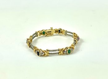 14k White & Yellow Gold Gemstone Cable Bracelet