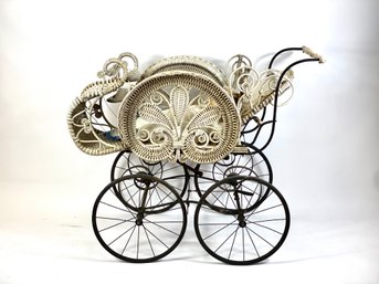 Victorian Wicker Baby Carriage With Doll
