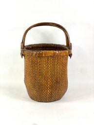 Vintage Hand Woven Basket With Wooden Handle