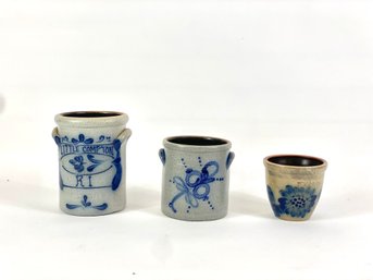 Three Contemporary Small Decorated Signed Crocks