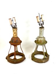 Pair Of Large Antique Industrial Metal Street Lamps With Original Burners