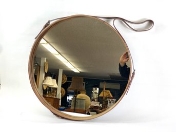 Large Round Mirror With Leather Strapping Around Boarder