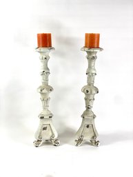 Pair Of Tall Decorative Candlesticks In White Paint