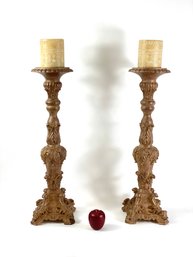 Pair Of Tall Decorative Wooden Candlesticks