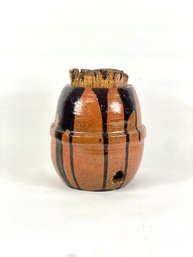 Antique Redware Container With Decorated Paint And Big Cork.